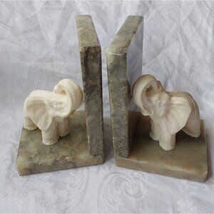 Vintage hand carved alabaster elephant book ends trunk up for good luck Italy